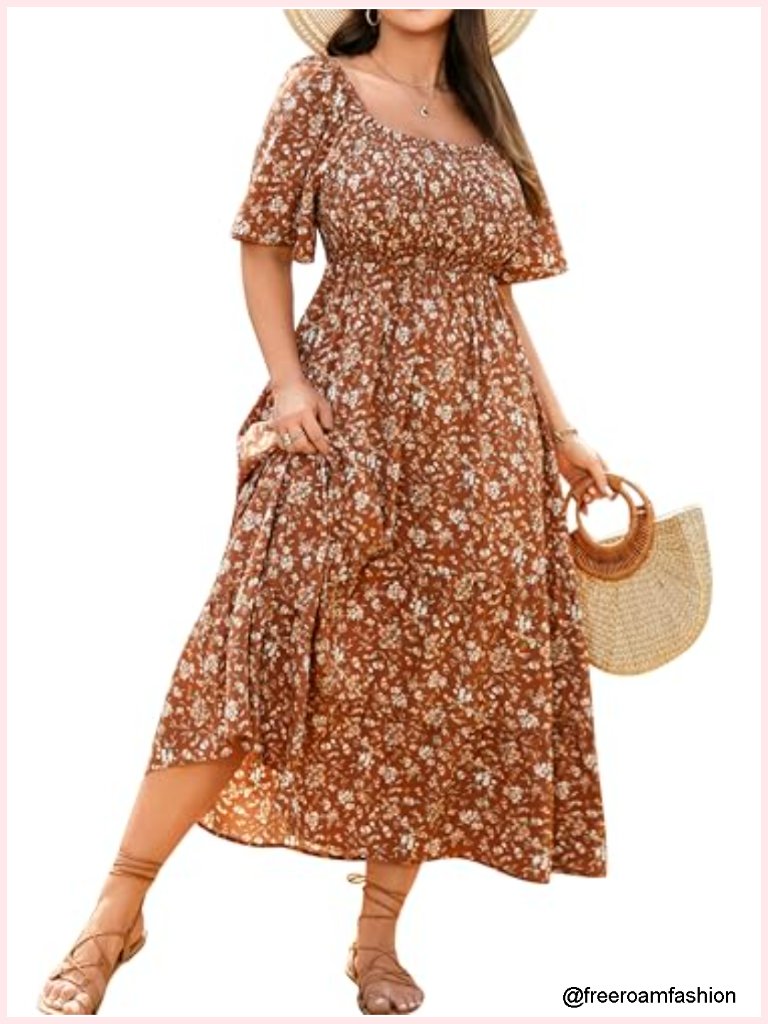 Plus Size Boho Smocked Square Neck Short Sleeve Maxi Dress